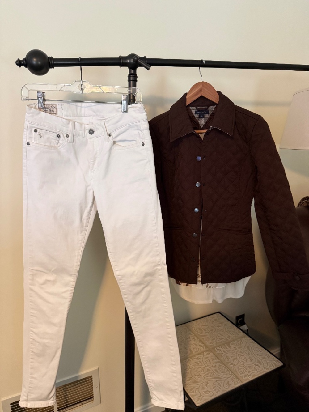 3-PC Outfit Bundle: Brown Quilted Jacket Ralph Lauren Skinny Jeans, Pattern Top